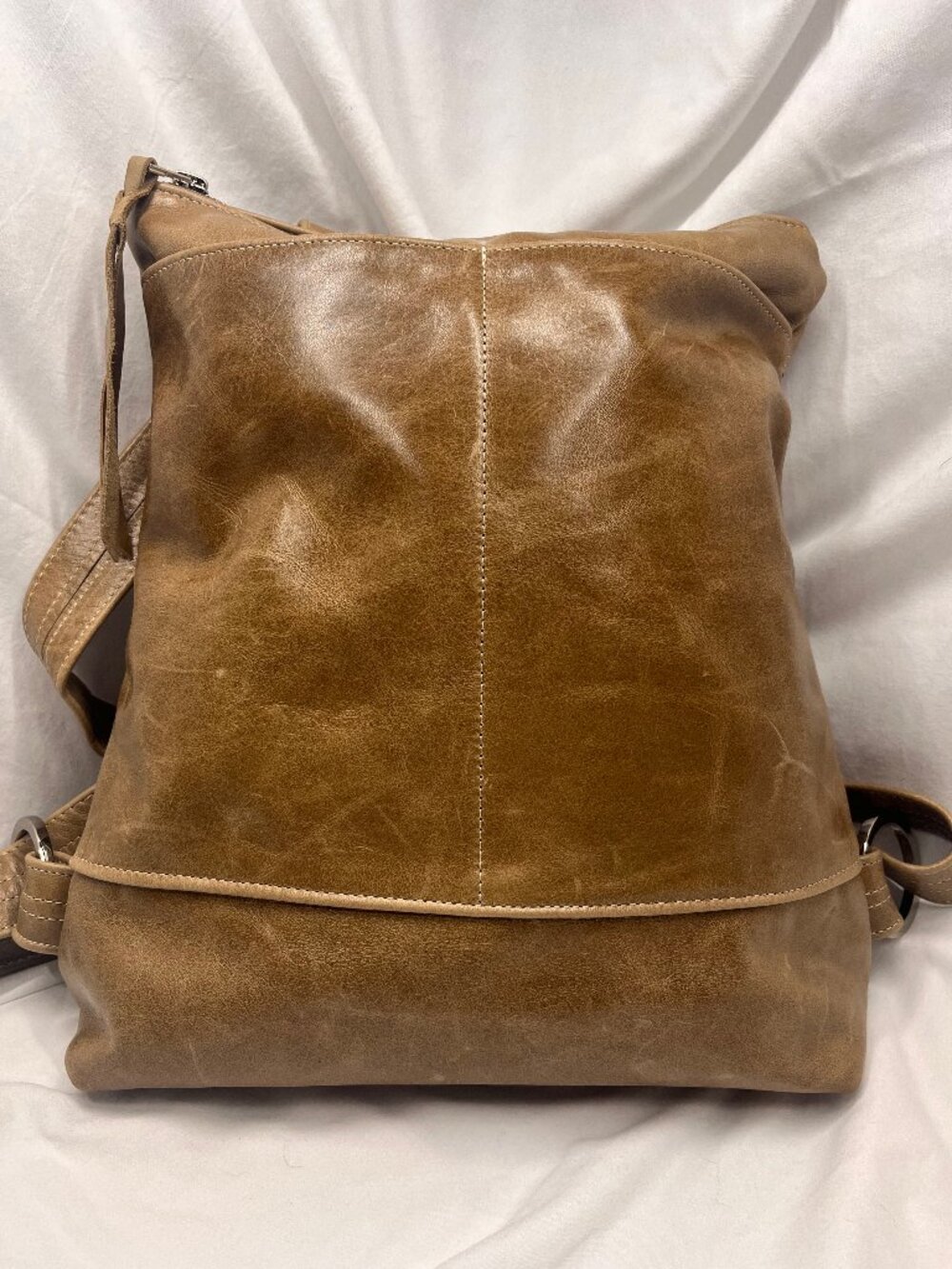 Unbranded Taupe Genuine Leather Backpack Purse Floral Lining